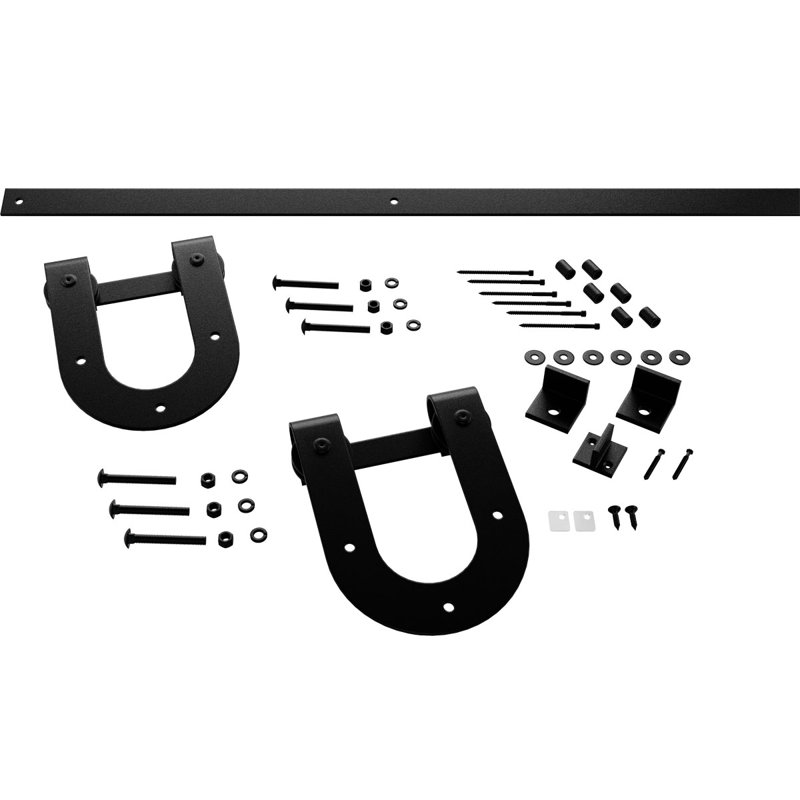 Matte Black Premium Horseshoe Barn Door Hardware Set with 6' Track