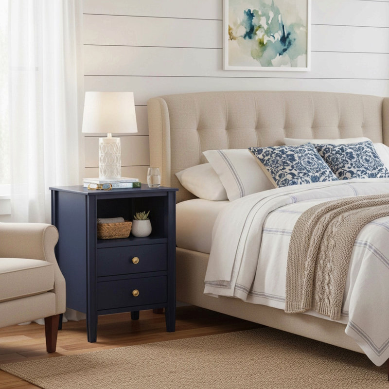 Table de chevet à 2 tiroirs pour la chambre à coucher, Bleu très foncé