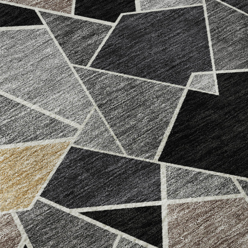 Tapis géométrique de qualité supérieure lavable à la machine Prisco, Noir, Rond 8 pi