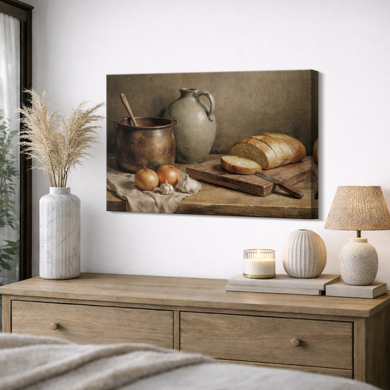 «Rustic Kitchen Still Life with Bread and Pottery», reproduction d'art sur toile encadrée, Toile tendue, H 24 po x l 36 po