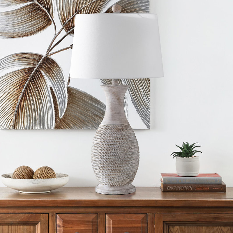 Gray and White Coastal Resin Table Lamp Set with Empire Shade