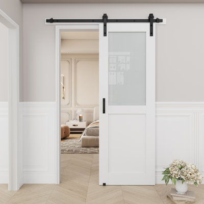 Frosted Glass and Manufactured Wood White Sliding Barn Door with Installation Hardware Kit(No Assembly Required)