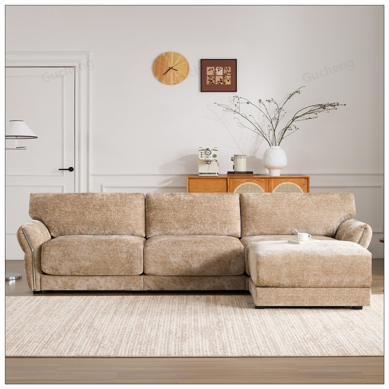 Canapé modulaire en L de 110 po avec siège très large, charge USB et de type C, accoudoir pétale, mousse haute densité, repose-pieds à mouvement libre, structure en bois, chenille, 4 sièges