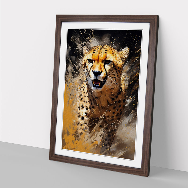 Cheetah Action - Single Picture Frame Print on Wood, Walnut Framed, 34cm H x 25cm W x 2cm D