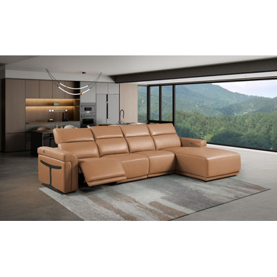 Canapé modulaire cognac en cuir italien de qualité supérieure 4 pièces Cognac avec 1 fauteuil inclinable électrique et appuis-tête réglables