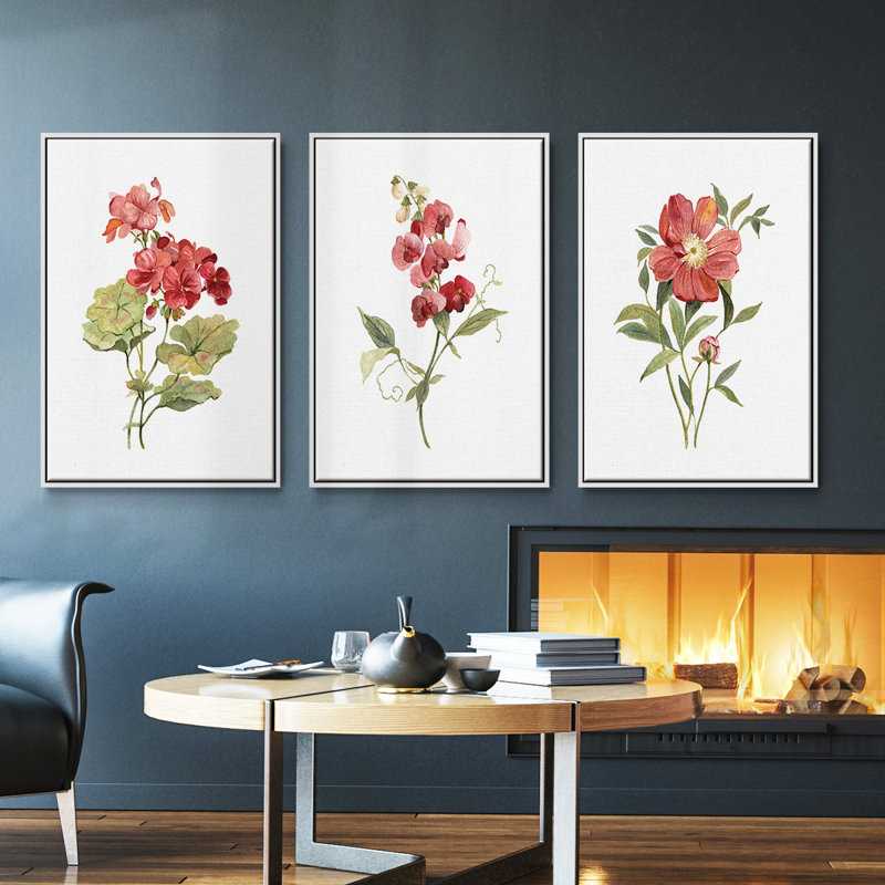 Scarlet géranium - ensemble de 3 reproductions de photos sur toile, Blanc, H 27 po x l 54 po