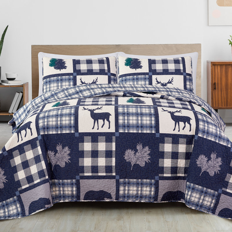 King Size Navy and Grey Microfiber Reversible Quilt Set