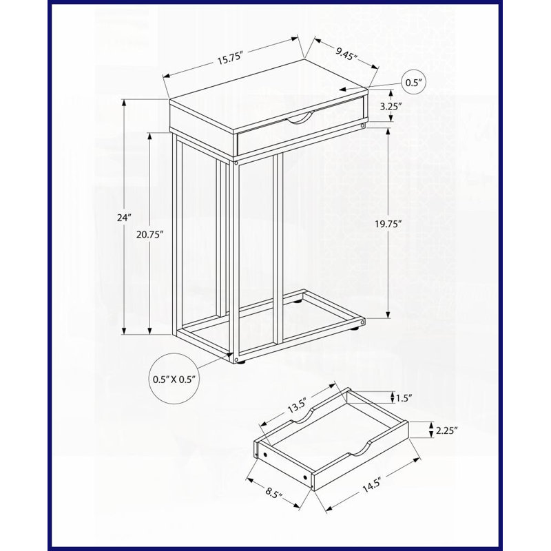 Table basse en forme de C moderne et compacte - stratifié noir & amp; Métal gris, base coulissante pour un accès facile