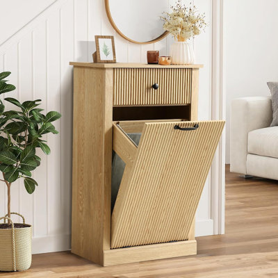 Tilt Out Fluted Laundry Hamper Cabinet, 11 Gallon Hidden Laundry Hamper, Wooden Trash Can Cabinets With Drawer, Modern Garbage Can Cabinet For Bathroom, Kitchen, Living Room