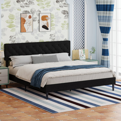 Bed Frames with Button Tufted Headboard, Linen Upholstered Platform Bed with Wooden Slats Support, Easy Assembly, No Box Spring Required