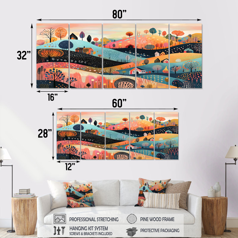 Ensemble de salon d'art mural abstrait rose, paysage de montagne I, H 32 po x l 80 po