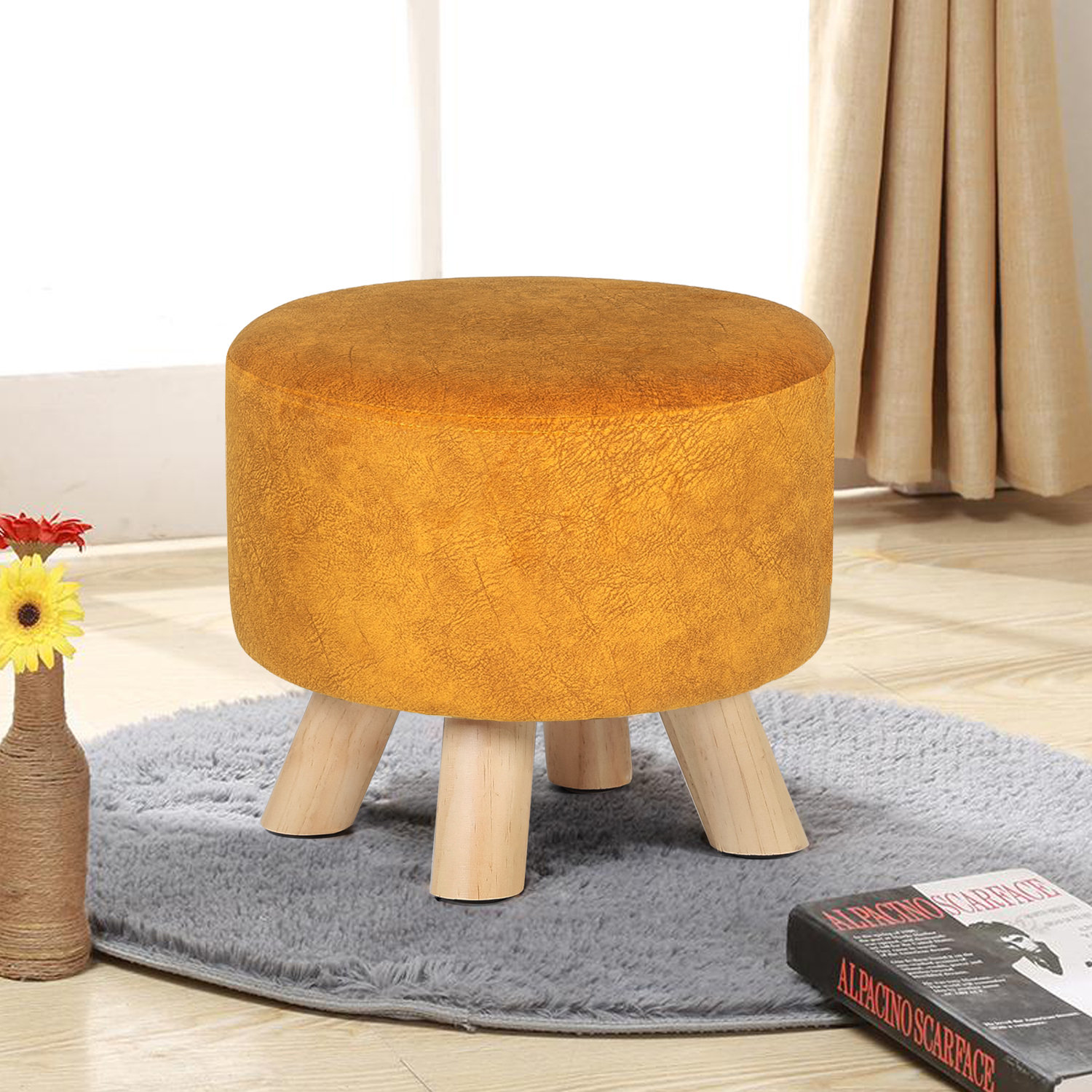 Round Ottoman Foot Rest Stool, Small Fabric Footstool with Non-Skid Wood Legs, Beige Corrigan Studio