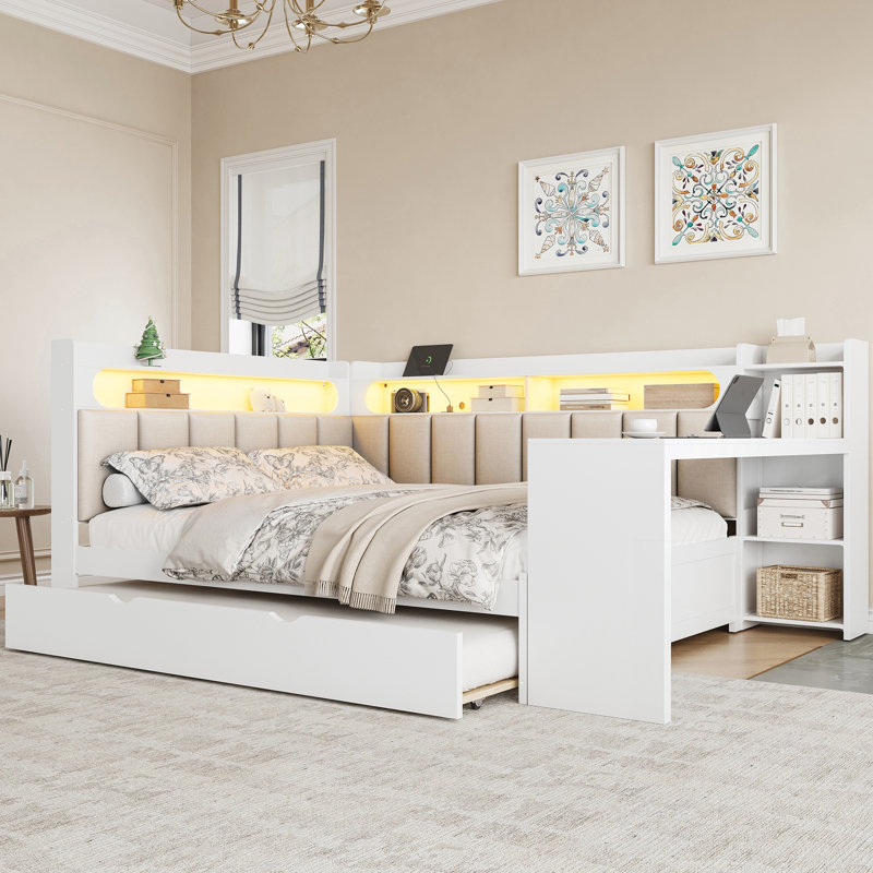 Full Size Daybed with Storage Shelves,Trundle,Charging Station,LED Light, White