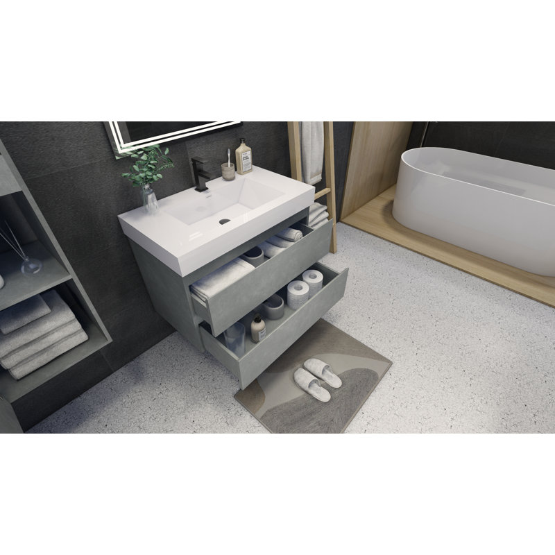 Ensemble de meuble-lavabo mural simple 35 po Carneshia, Gris ciment