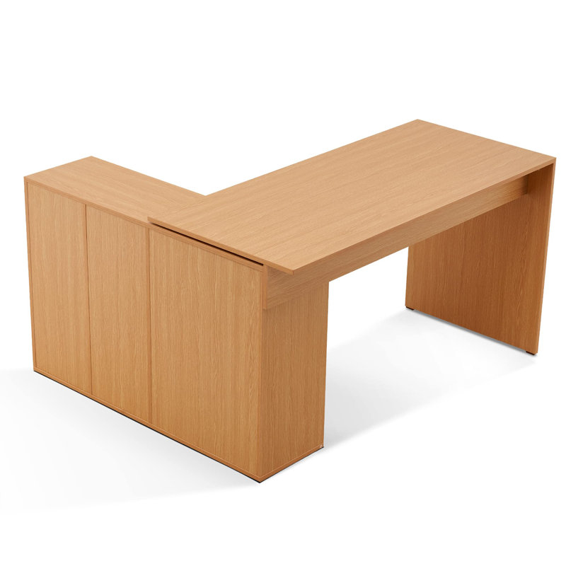 Eujin 53'' W L Shaped  Convertible Desk with Storage Drawer Printer Shelves and File Cabinet, Oak