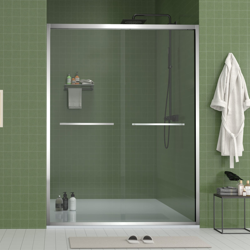 60" Wide And 70" High Aluminum Frame Bypass Bathroom Sliding Door With Double Handle As Towel Rail, - Crash Angle, Mute Rollers, Easy To Install 56 Adjustable Width 8Mm & Tempered Glass, Stainless