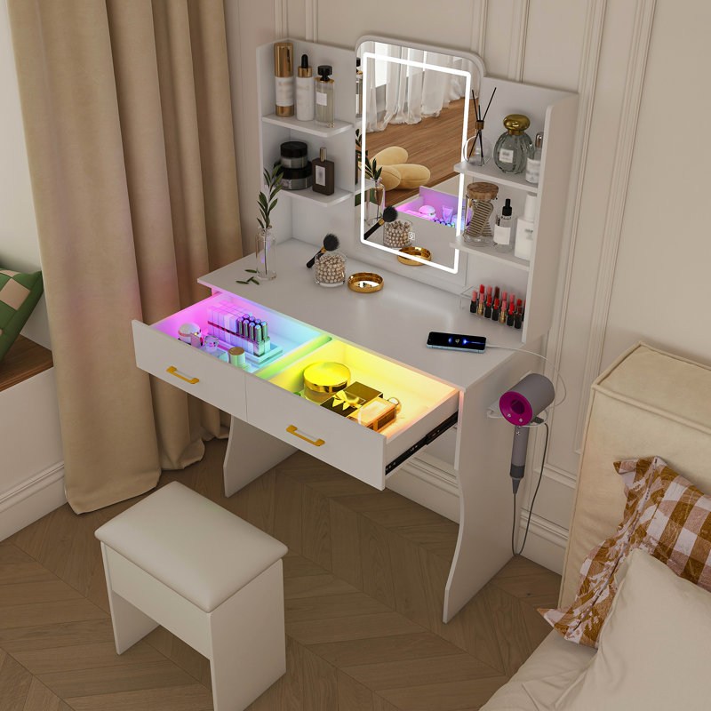 Coiffeuse avec éclairage ambiant intelligent, 2 prises de courant alternatif et 6 espaces de rangement ouverts pour les chambres des femmes