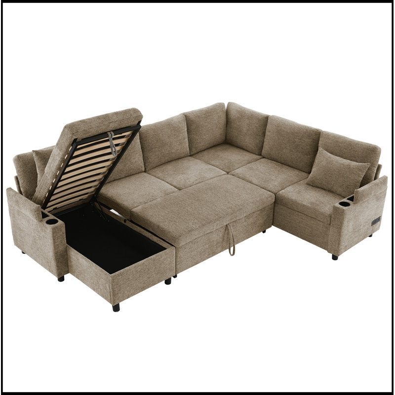 Canapé modulaire avec grand espace de rangement, deux porte-gobelets et ports de chargement, Brun