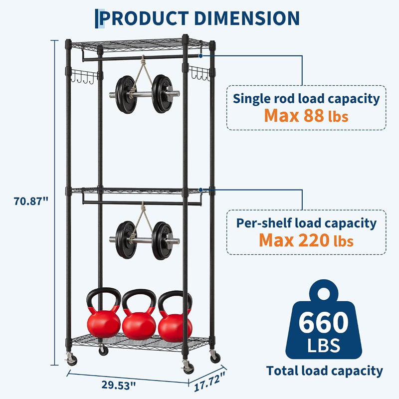 45.28"W Rolling Double Clothes Rack, 3-Tier Adjustable Garment Organizer with 2 Hanging Bars, 660 LBS Heavy Duty Steel Clothing Storage, Locking Wheels, Side Hooks, Black