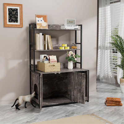 Grand bac à litière pour chat avec étagère de rangement, meubles de toilette cachés pour chat, maison de chat en bois avec patin à griffes, armoire pour chat robuste avec 2 portes (gris)