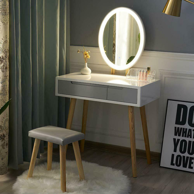 80CM Tabletop Led Dressing Table With Lighted Mirror, Makeup Vanity Desk With Stool And 2 Drawers