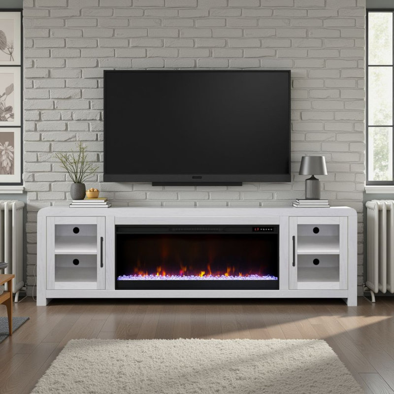 Meuble télé 82 po avec portes en verre Haven pour téléviseur de 90 po ou moins, assemblage minimal, finition blanche, Blanc
