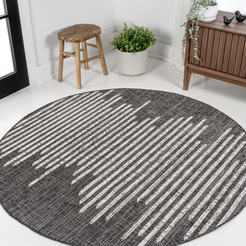 Edinburg Berber Stripe Geometric Black/Ivory Indoor/Outdoor Rug, Round 3'1"