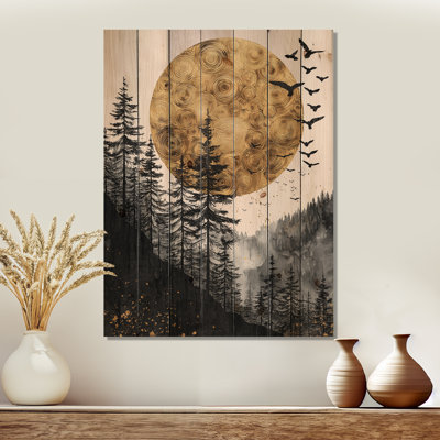 Gothic Crow Under A Golden Moon III - Crow Wood Wall Art - On Natural Pine Wood