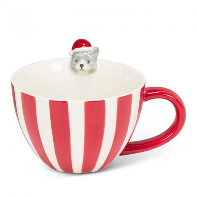 Wide Striped Mug With Holiday Cat