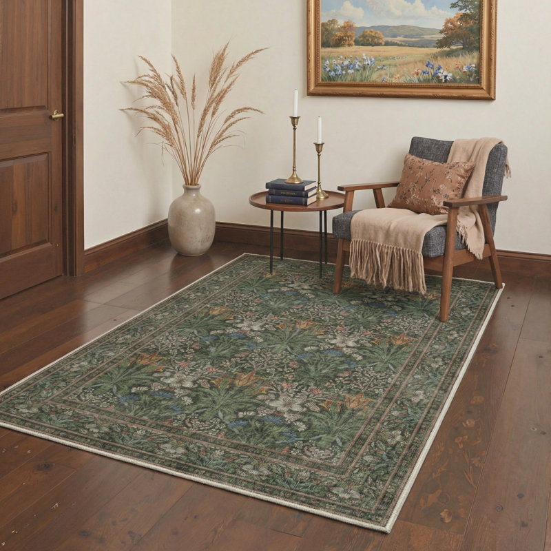 Blossora Modern Floral Machine Washable Green Indoor Area Rug with Non-Slip Backing, Rectangle 5' x 7'