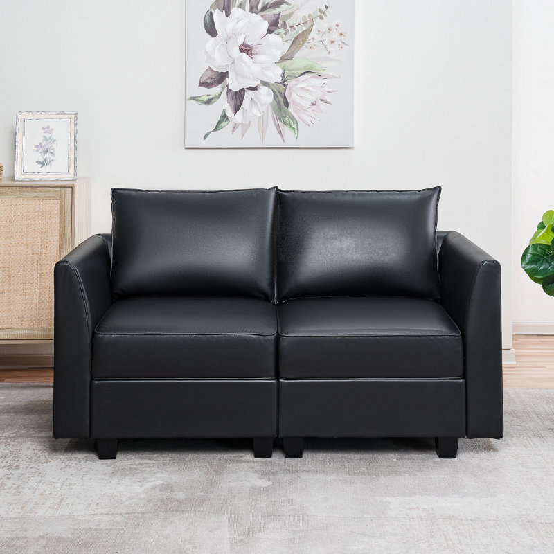 Modular Convertible Sectional Air Leather Loveseat Sofa, Black Air Leather