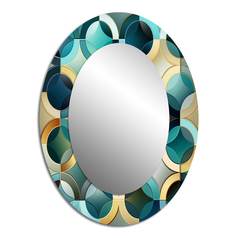 Carreaux gÃ©omÃ©triques modernes bleu sarcelle et dorÃ©s - Miroir mural ovale dorÃ©, H 40 po x l 30 po