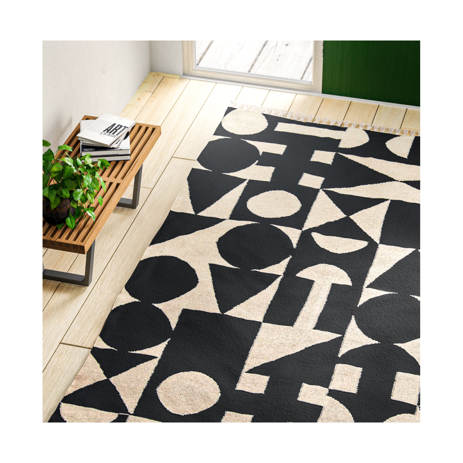 Roshni Handmade Wool Black Rug, Rectangle 3'6" x 5'6"