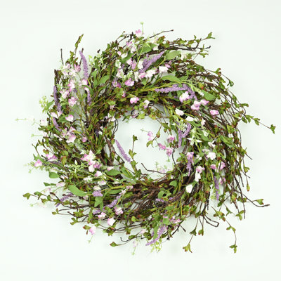 24" Artificial Farmhouse Twig Blossom Cluster Berry Greenery Foliage Wildflower Wreath For Front Door