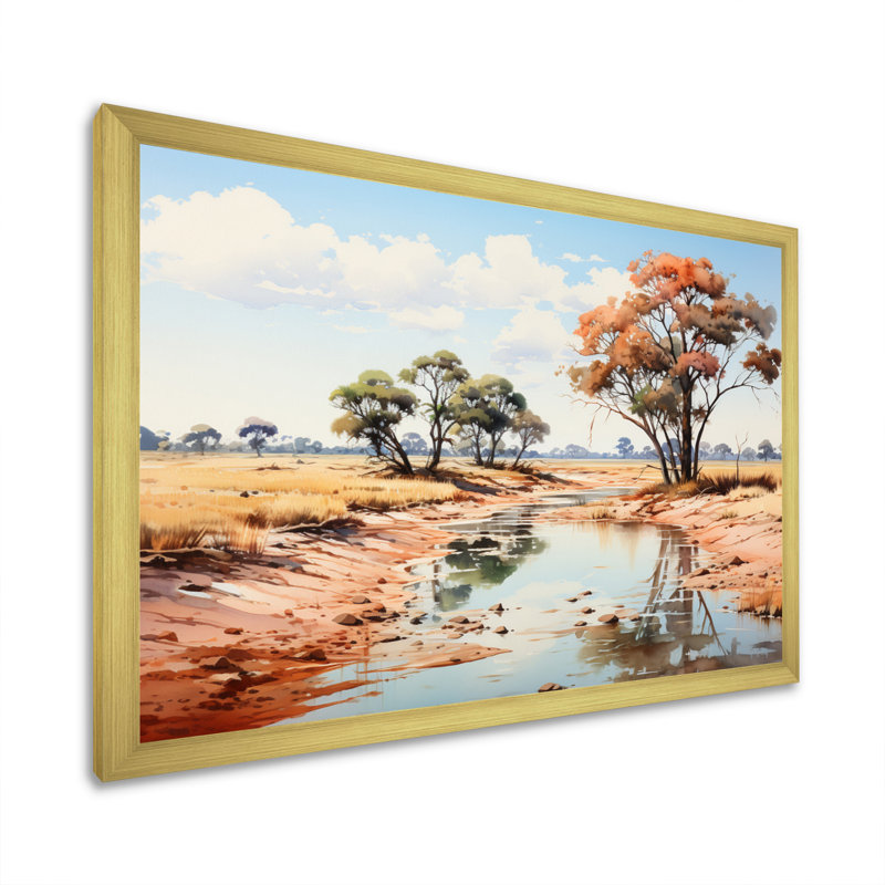 Paysage africain beige et vert sur toile, H 16 po x l 32 po x P 1 po, Cadre doré à une seule photo