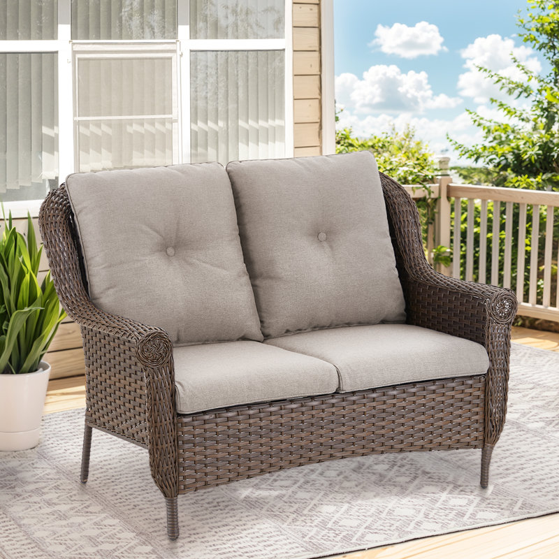 Premium Outdoor Wicker Loveseat Sofa With Comfortable Cushions, Beige