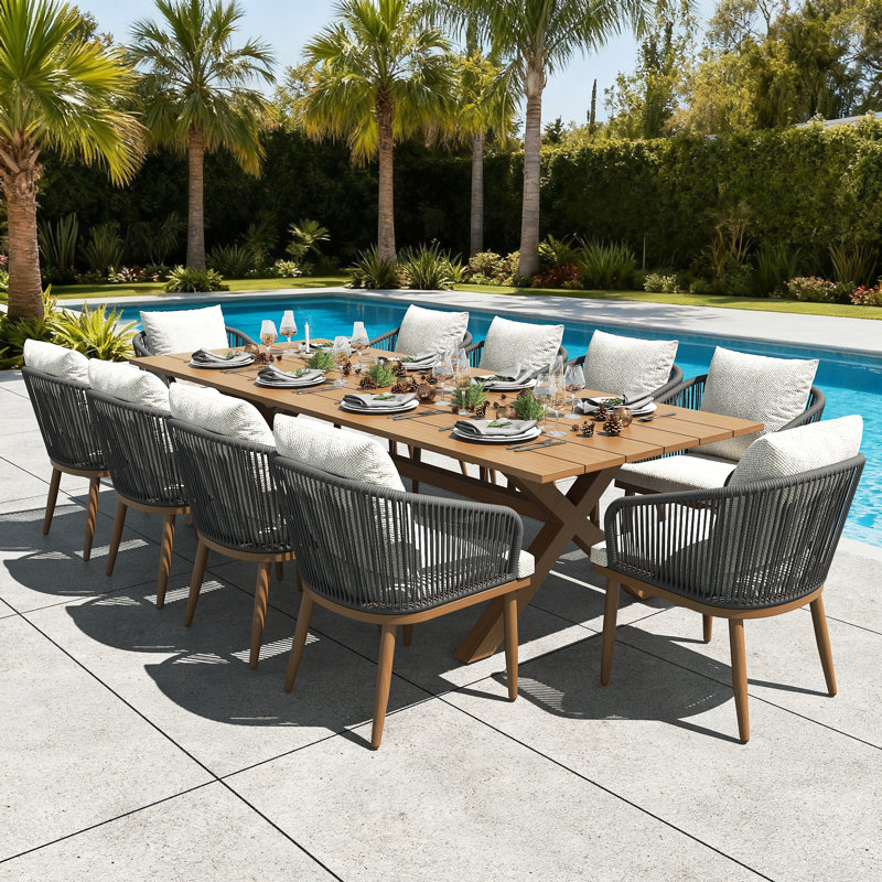 Outdoor Dining Set Woven Rope Wicker Patio Dining Set With Rectangular Aluminum Table And Modern Armrest Dining Chairs, Beige