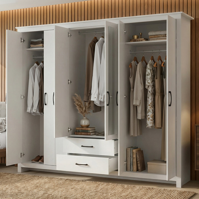 Limestone 6 Door 2 Drawer Wardrobe with Mirror, White