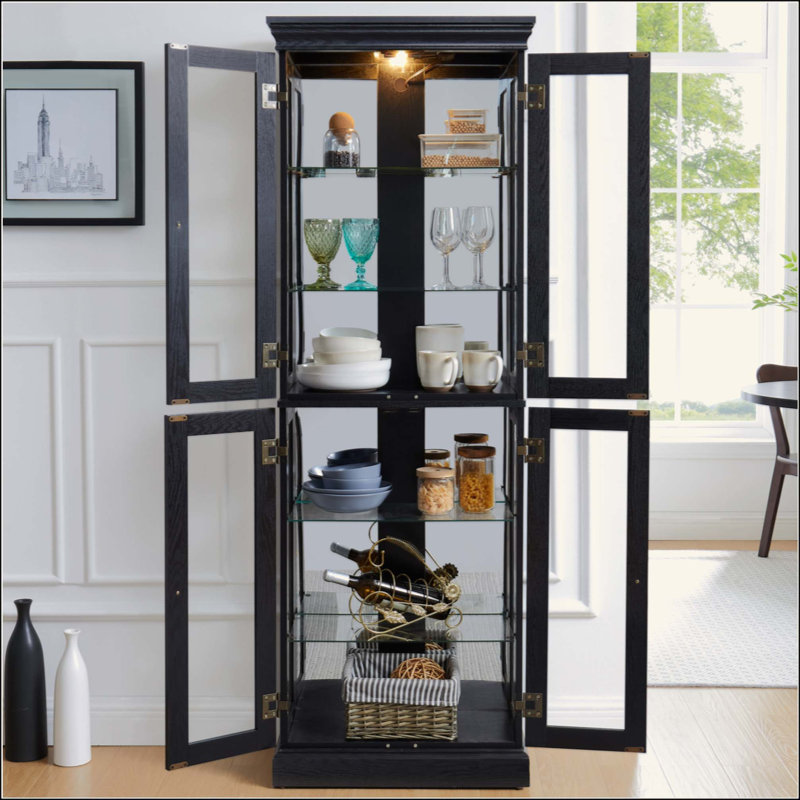 Élégante vitrine vitrée éclairée - Rangement à cadre en bois pour le salon, la cuisine et le garde-manger - Ampoule incluse - Idéal pour le vin, les jouets et les objets de collection