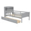 Lit simple en bois avec éclairage à DEL, tête de lit pratique, garde-corps et 2 tiroirs de couleur grise-552231283