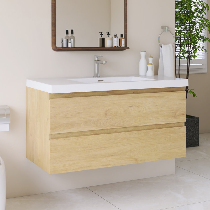 Meuble-lavabo mural simple avec plateau en résine intégré blanc, 42", Jaune