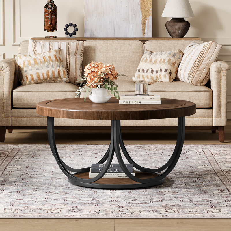 31.5" Round Coffee Table, 2 -Tier Accent Cocktail Table, Brown/Black