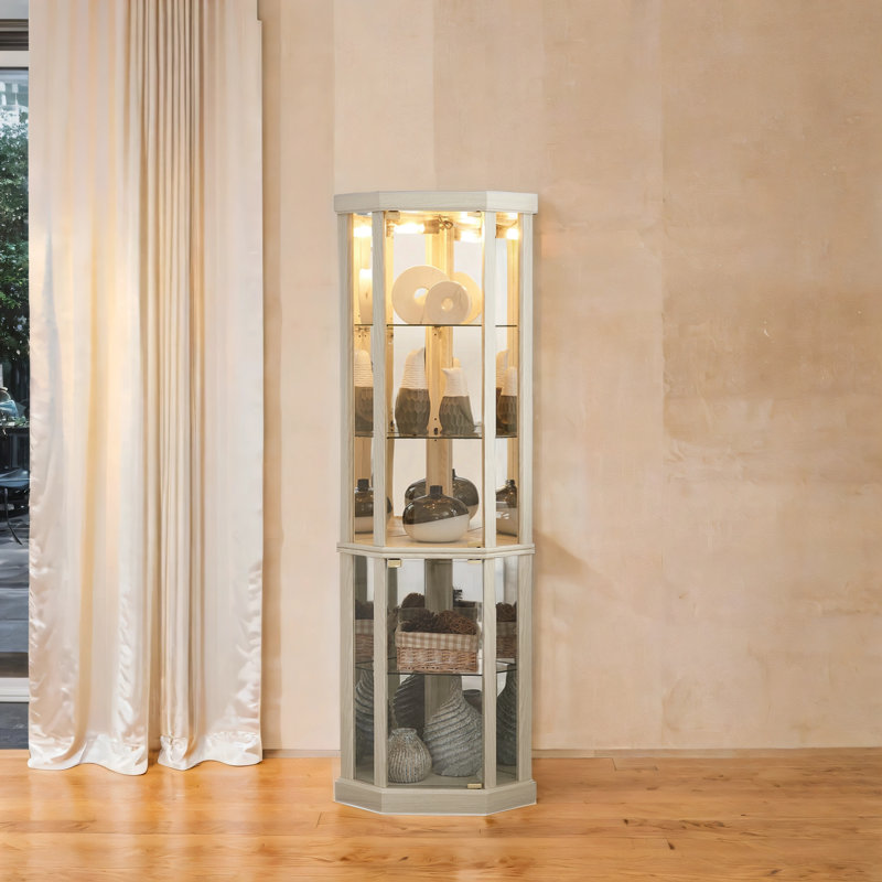 Corner Lighted Curio Cabinet Corner Glass Cabinet Lighted Curio Cabinet Corner Display Case for Living Room, Curio Cabinet, Antique collection, Wine,Bar Glass Storage Light Included,Light oak