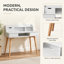 Bureau Parmley avec tablette, tiroirs, tiroir rabattable, niches, passe-câbles, pieds en MDF blanc et bois naturel, bureau compact pour la maison-866980858