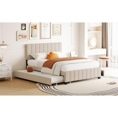 Grand lit plateforme tapissier beige en velours avec 2 tiroirs et une tête de lit gigogne