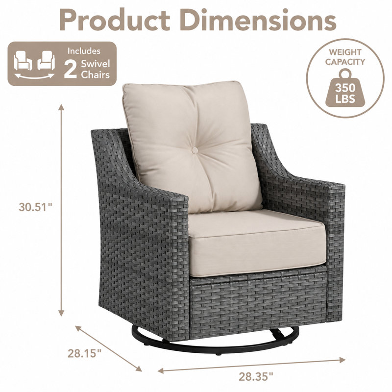 Swivel Patio Chairs Set of 2, Outdoor Wicker Swivel Rocker Chairs with 6" Thick Cushions, All Weather Wicker Patio Furniture Set for Porch, Balcony, Garden, Gray Wicker/beige