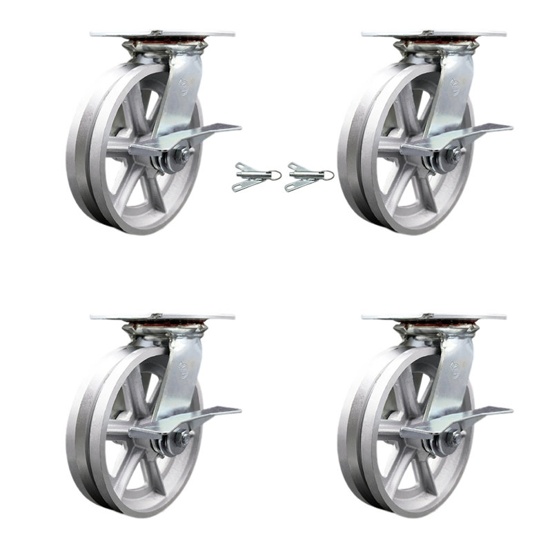 8 Inch V Groove Semi Steel Caster Set with Ball Bearing 4 Brake 2 Swivel Lock