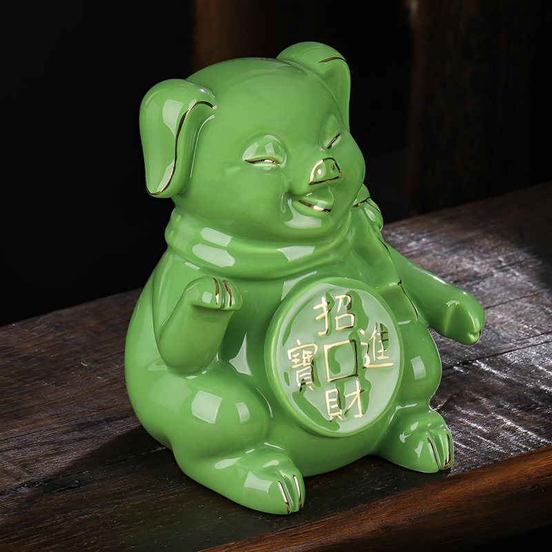 Statue de cochon d'argent - artisanat en céramique émaillée pour la bonne chance