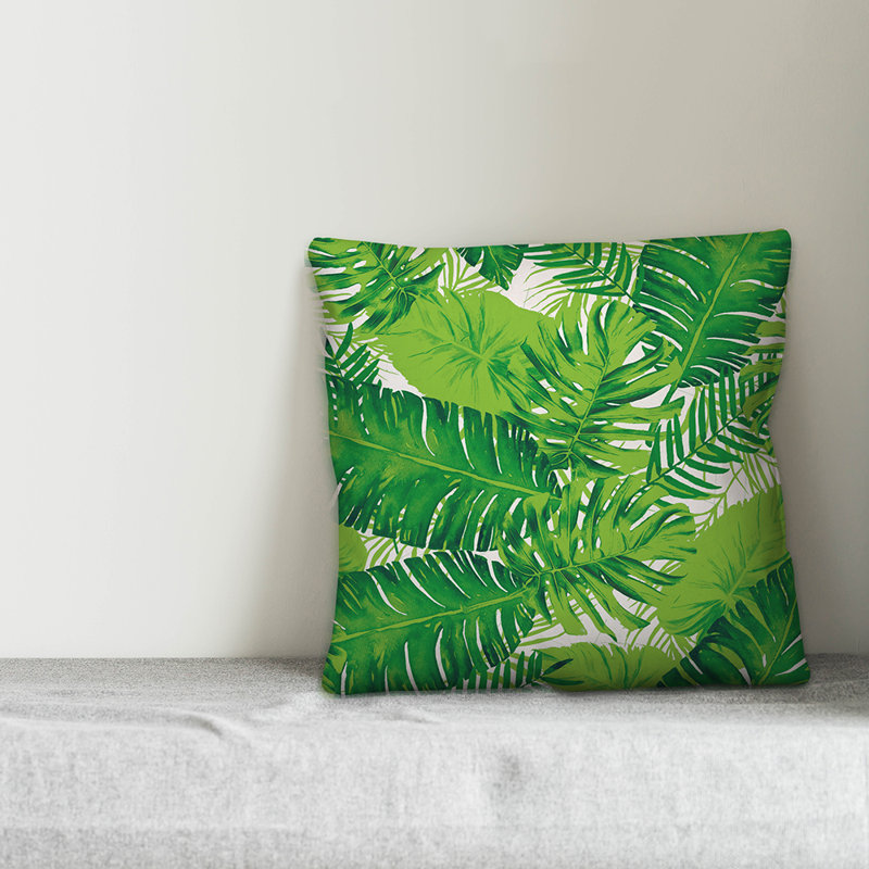  Coussin intérieur / extérieur Palm Leaf, Polyester/ Bourre en polyester, 16 po x 16 po, Vert feuille / Blanc cassé