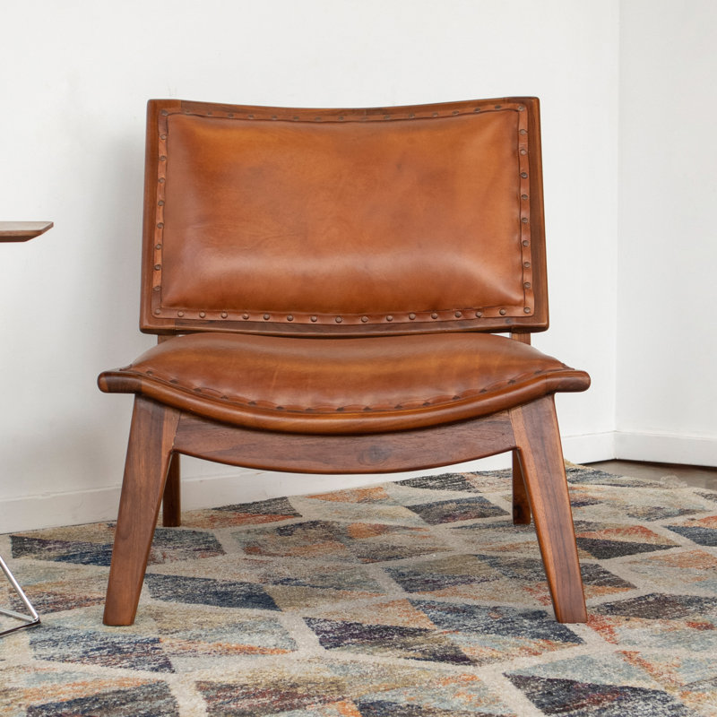 Russ Genuine Leather Accent Chair Mid-Century Modern Lounge Chair with Solid Wood Frame